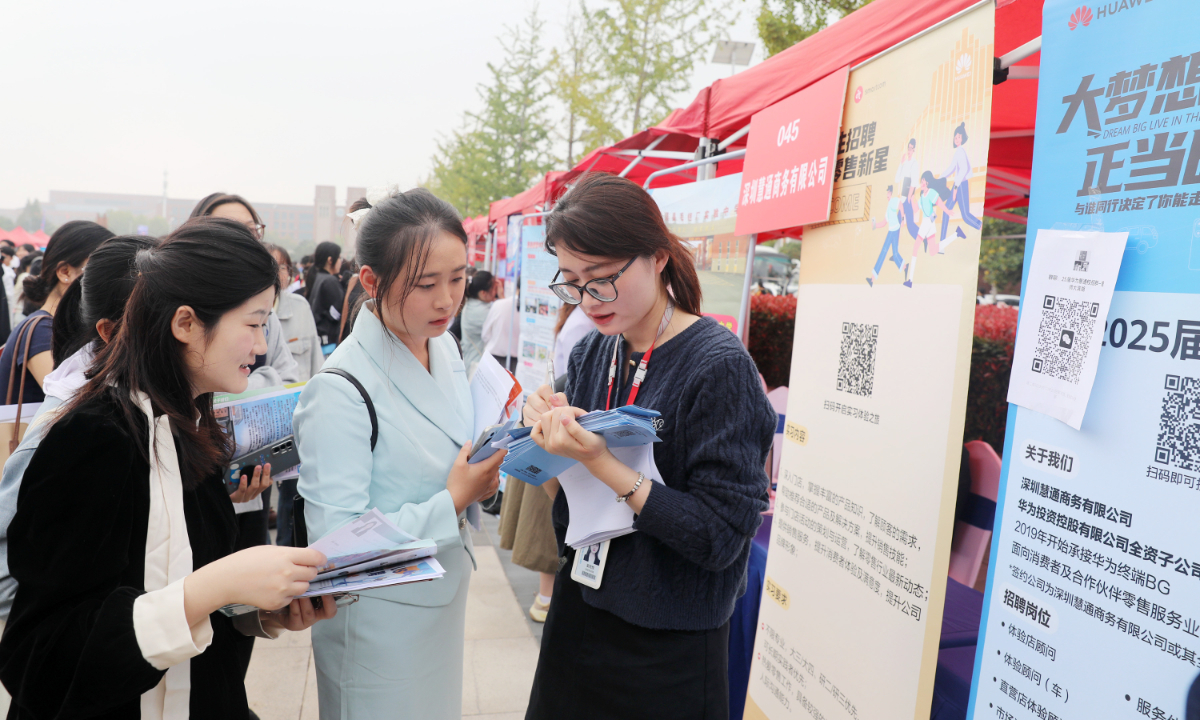 College students look for jobs at an employment fair held on the campus of the Huaibei Normal University in Huaibei, East China's Anhui Province on October 16, 2024. The job fair attracted more than 183 companies offering more than 10,000 positions. The year 2024 is expected to see 11.79 million students graduating from colleges, an increase of 210,000 from 2023. Photo: VCG