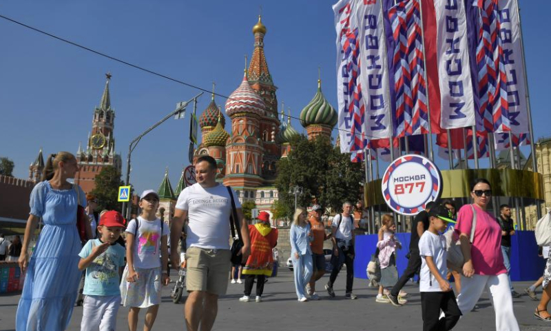 Flags and installations marking Moscow's 877th founding anniversary are pictured in Moscow, Russia, Sept. 8, 2024. A series of events were held on this weekend to celebrate Moscow City Day and to mark the city's 877th founding anniversary. (Photo by Alexander Zemlianichenko Jr/Xinhua)