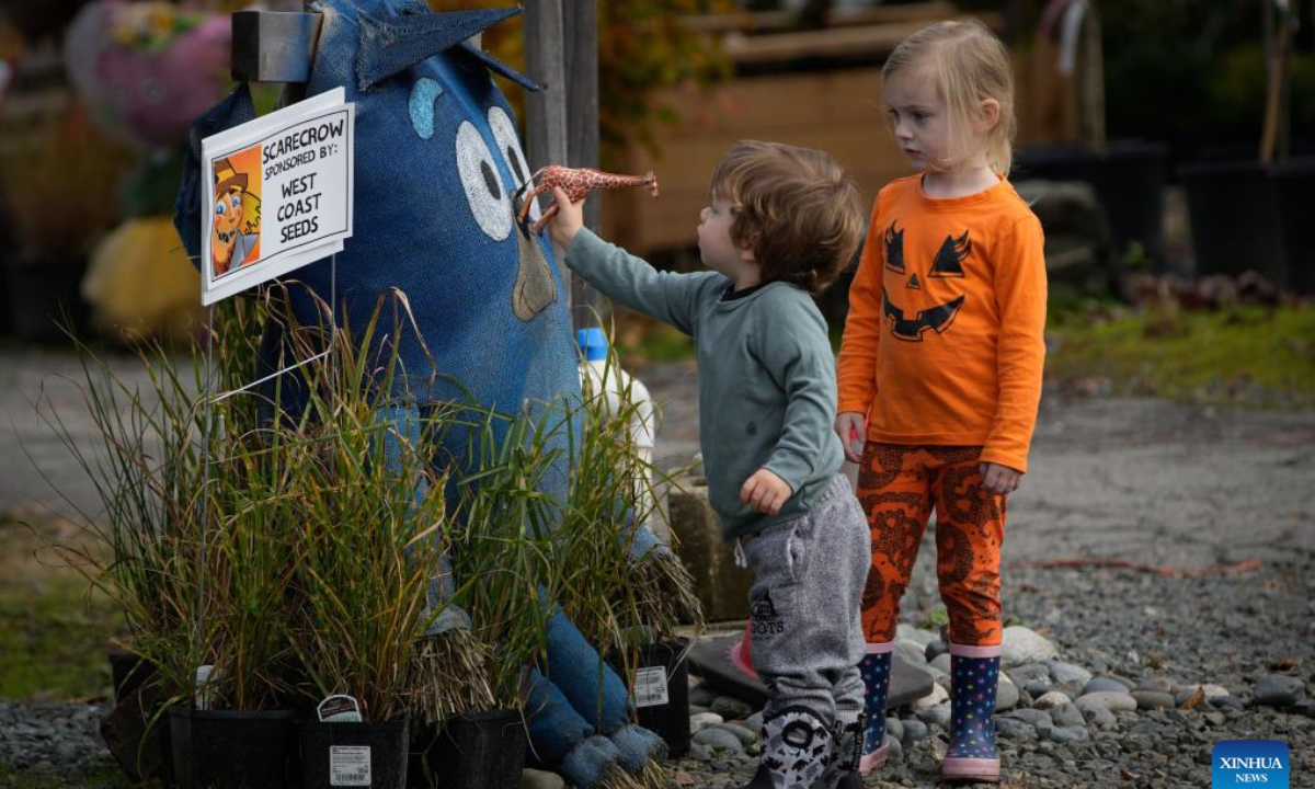 Children view a scarecrow during the annual Art's Nursery Scarecrow Festival in Langley, British Columbia, Canada, Oct. 26, 2024. (Photo: Xinhua)