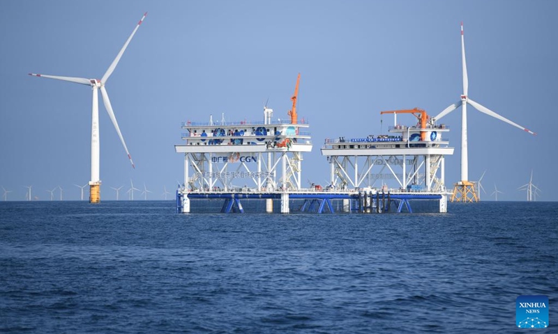 China General Nuclear Power Corporation (CGN)'s Fuxi No. 1 wind power-fishery integrated project is seen in Shanwei, south China's Guangdong Province, Sept. 2, 2024. Using green energy as its power supply, the marine ranch project started its operation in Shanwei on Sept. 4. It is expected to produce 900 tonnes of high-quality marine fish annually. (Photo: Xinhua)