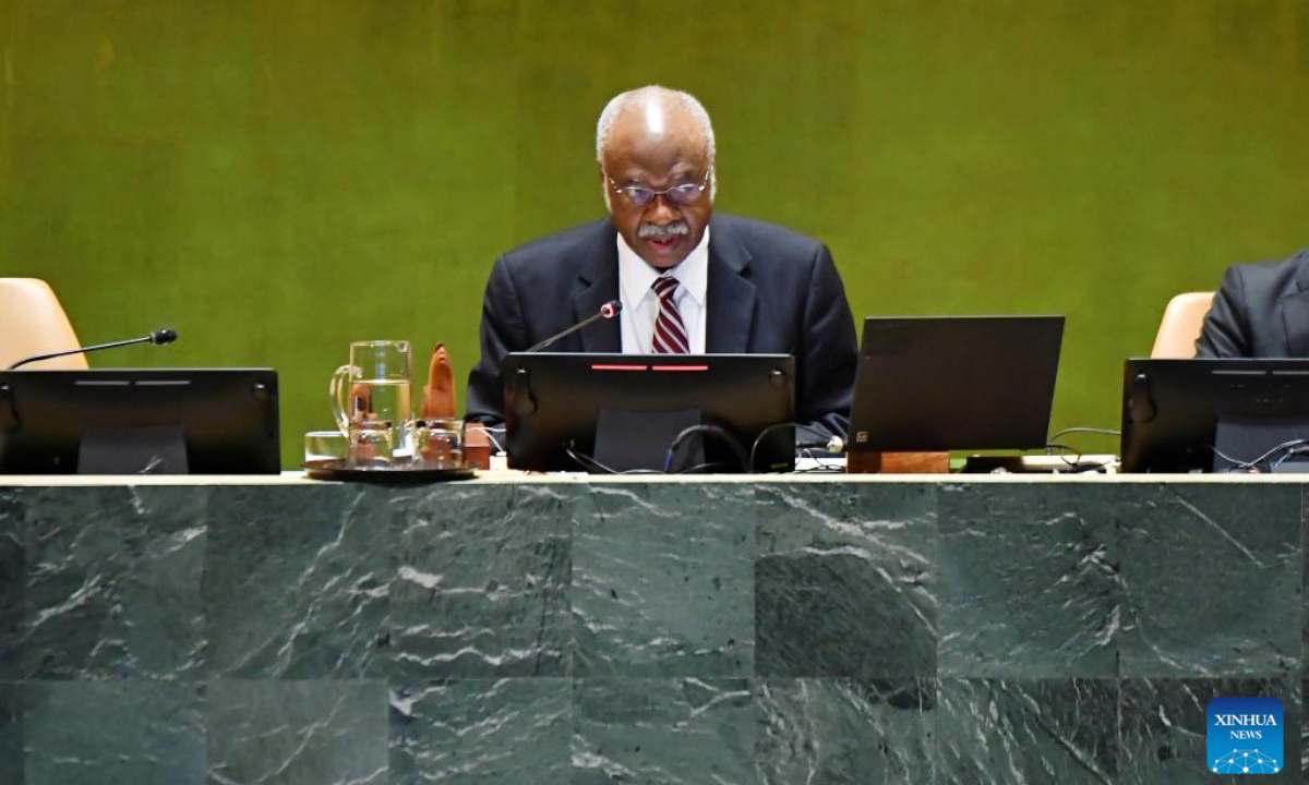 UNGA President Philemon Yang delivers concluding remarks during the General Debate of the 79th session of the United Nations General Assembly (UNGA) at the UN headquarters in New York, on Sept. 30, 2024. The General Debate of the 79th session of the United Nations General Assembly (UNGA) concluded on Monday, with UNGA President Philemon Yang calling on Israel, Hamas and Hezbollah to urgently conclude a ceasefire. Photo:Xinhua