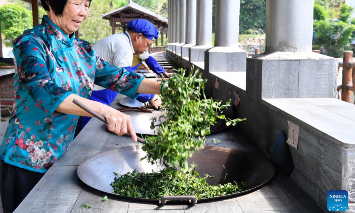 Tea master Wei Jiequn processes the tea leaves at a tea workshop in Liubao township of Cangwu county in Wuzhou, south China's Guangxi Zhuang Autonomous Region, May 16, 2024. Liubao tea, a Chinese dark tea characterized by its strong and lingering fragrance and medical effects, boasts a history of more than 1,500 years. Famous for Liubao tea making, the city of Wuzhou has over 400,050 mu (about 26,670 hectares) of tea plantations, with an output value exceeding 20 billion yuan (about 2.8 billion dollars). (Photo: Xinhua)