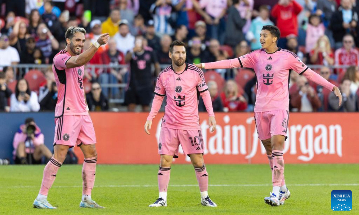 Leo Campana (L) of Inter Miami CF celebrates scoring during the 2024 Major League Soccer(MLS) match between Toronto FC and Inter Miami CF at BMO Field in Toronto, Canada, on Oct. 5, 2024. (Photo: Xinhua)