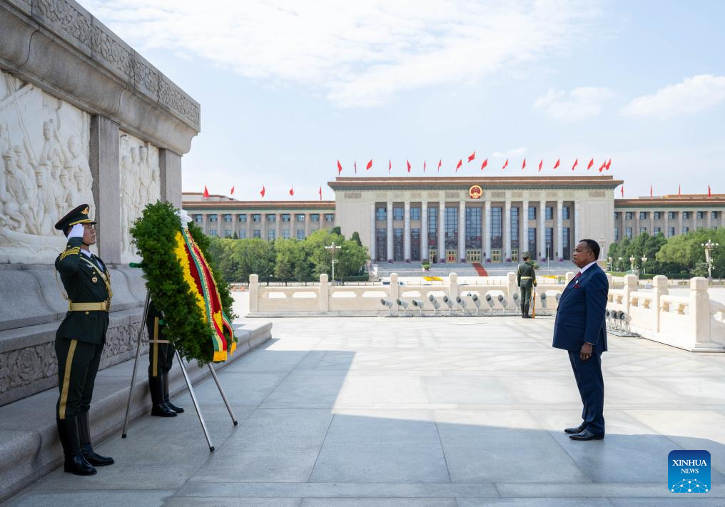 President of the Republic of the Congo Denis Sassou Nguesso lays a wreath at the Monument to the People's Heroes on the Tian'anmen Square in Beijing, capital of China, Sep 6, 2024. Photo:Xinhua