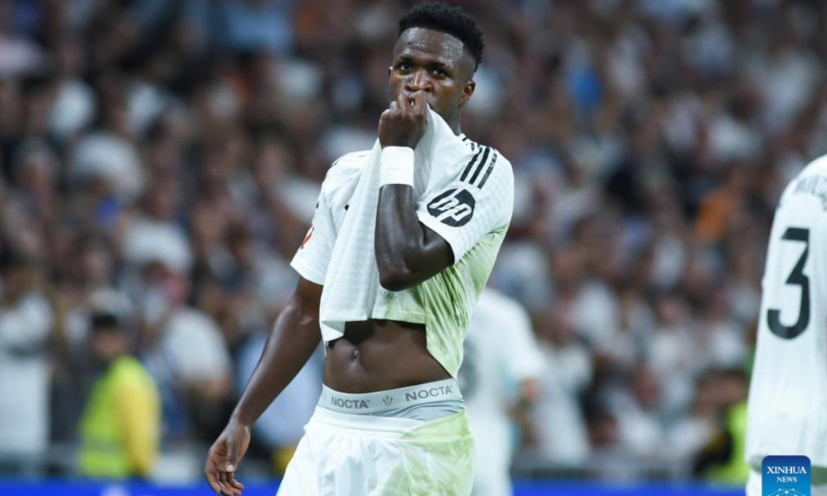 Vinicius Junior of Real Madrid celebrates a goal during the La Liga football match between Real Madrid and Villarreal in Madrid, Spain, on Oct. 5, 2024. (Photo: Xinhua)