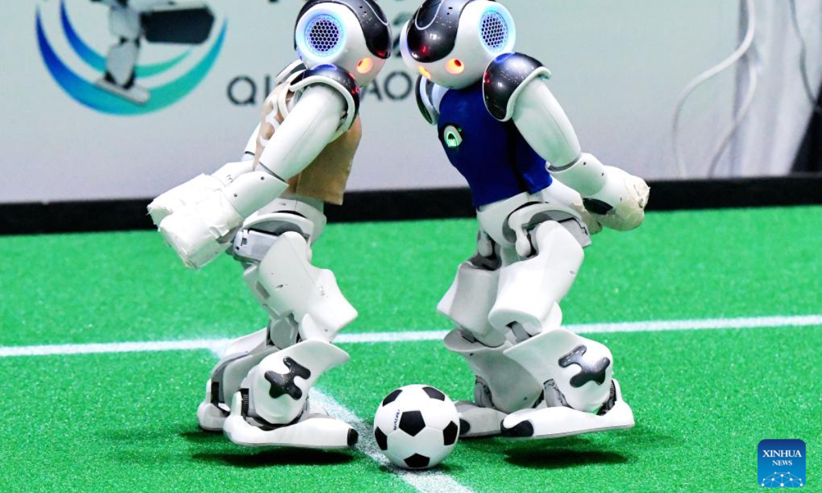 Robot soccer players compete during the RoboCup Asia-Pacific 2024 in Qingdao, east China's Shandong Province, Oct. 26, 2024. More than 200 teams from over 20 countries and regions participated in this competition. (Photo: Xinhua)