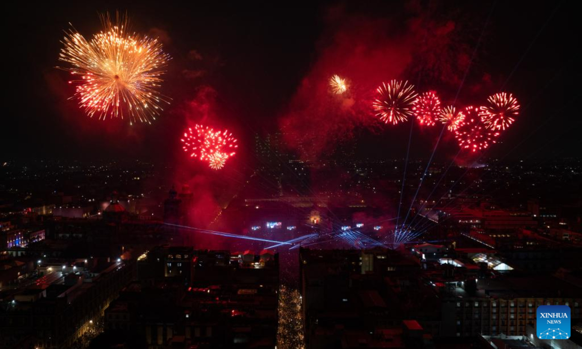 An aerial drone photo shows fireworks released to celebrate Mexico's Independence Day, in Mexico City, Mexico, Sep 15, 2024. Mexico marks its annual Independence Day on Sep 16. Photo:Xinhua