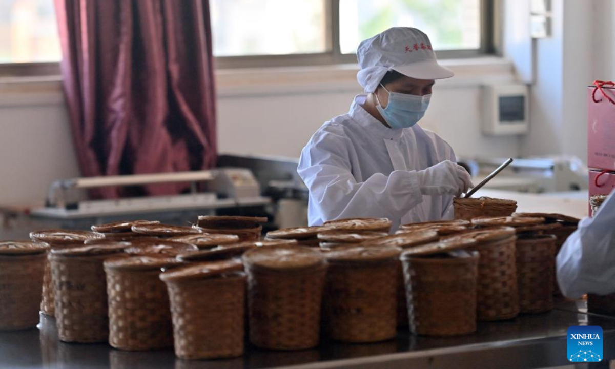 A worker packs Liubao tea at a company in Wuzhou, south China's Guangxi Zhuang Autonomous Region, Oct. 8, 2024. Liubao tea, a Chinese dark tea characterized by its strong and lingering fragrance and medical effects, boasts a history of more than 1,500 years. Famous for Liubao tea making, the city of Wuzhou has over 400,050 mu (about 26,670 hectares) of tea plantations, with an output value exceeding 20 billion yuan (about 2.8 billion dollars). (Photo: Xinhua)