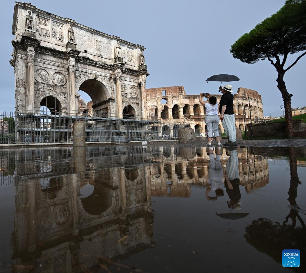 The Arch of Constantine partially damaged in a thunderstorm is reflected in a puddle in Rome, Italy, on Sept. 3, 2024. Italy has been battered by storms in the last few hours, with risk warnings issued for several regions on Wednesday, according to the country's Civic Protection Agency. The warning came after streets flooded in several cities on Tuesday, causing disruption to local transport. In Rome, the landmark Constantine Arch was damaged by lightning during a thunderstorm. (Photo: Xinhua)