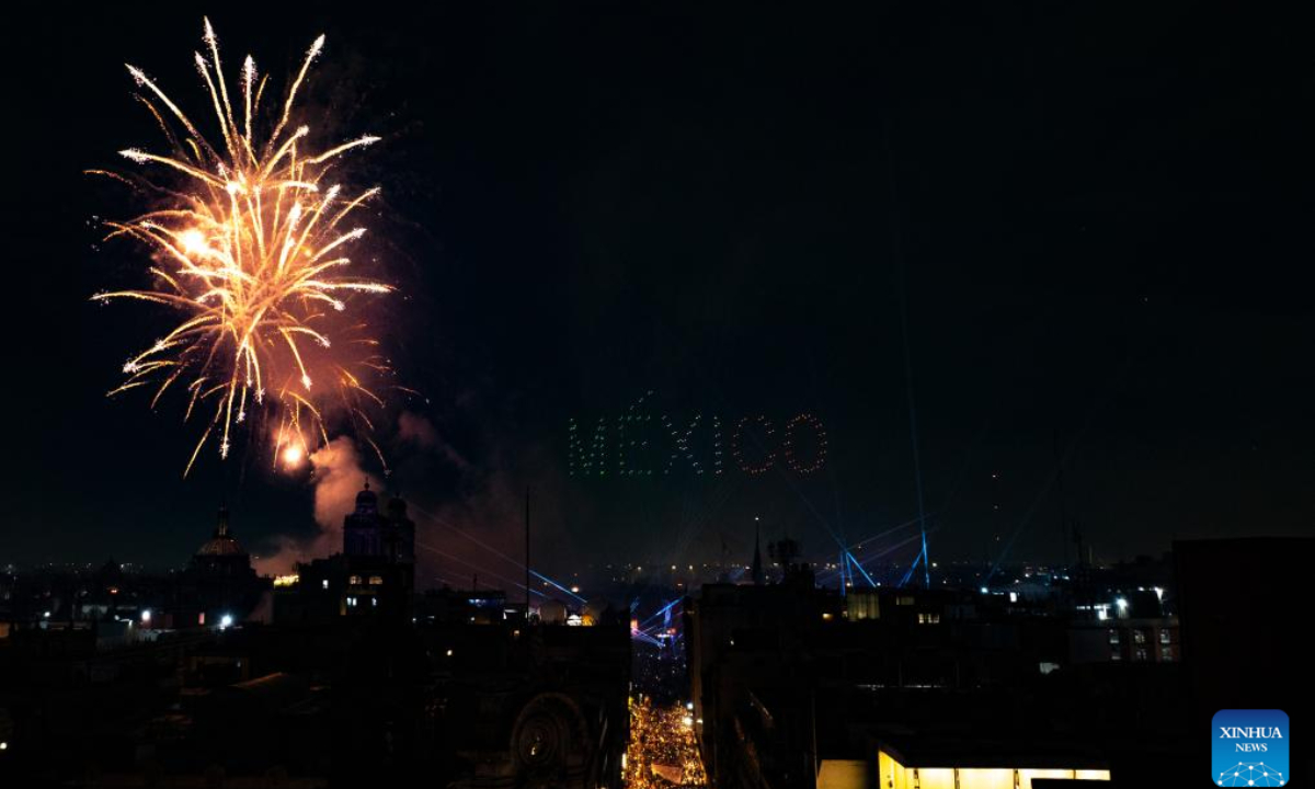 An aerial drone photo shows fireworks released to celebrate Mexico's Independence Day, in Mexico City, Mexico, Sep 15, 2024. Mexico marks its annual Independence Day on Sep 16. Photo:Xinhua