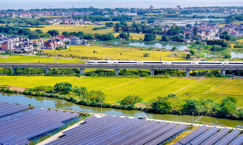 Solar panels erected above the water are seen in Changxing township, East China's Zhejiang Province, on October 24, 2024. In recent years, Changxing has utilized river ponds, reservoirs, abandoned mines and barren land to construct water-based and ground photovoltaic power generation facilities, combining fish farming and agriculture under the panels, which provided economic and ecological benefits. Photo: VCG