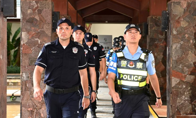 Serbian and Chinese police officers carry out joint police patrol in Sanya, south China's Hainan Province, Sept. 7, 2024. The launching ceremony of a joint police patrol between China and Serbia was held Saturday in Sanya, a city in south China's island province of Hainan.

At the invitation of China's Ministry of Public Security, six police officers from Serbia came to China for a one-month joint police patrol mission, according to the authority.

During the period, Serbian and Chinese police will patrol tourist attractions in Hainan and east China's Zhejiang Province. According to the agreement between the two sides, Serbian police will cooperate with their Chinese counterparts to meet the safety demands of Serbians in China and jointly create a safe tourism environment. (Xinhua)