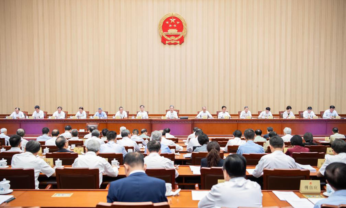 Zhao Leji, chairman of the National People's Congress (NPC) Standing Committee, presides over the closing meeting of the 11th session of the 14th NPC Standing Committee at the Great Hall of the People in Beijing, capital of China, Sept. 13, 2024. Photo:Xinhua