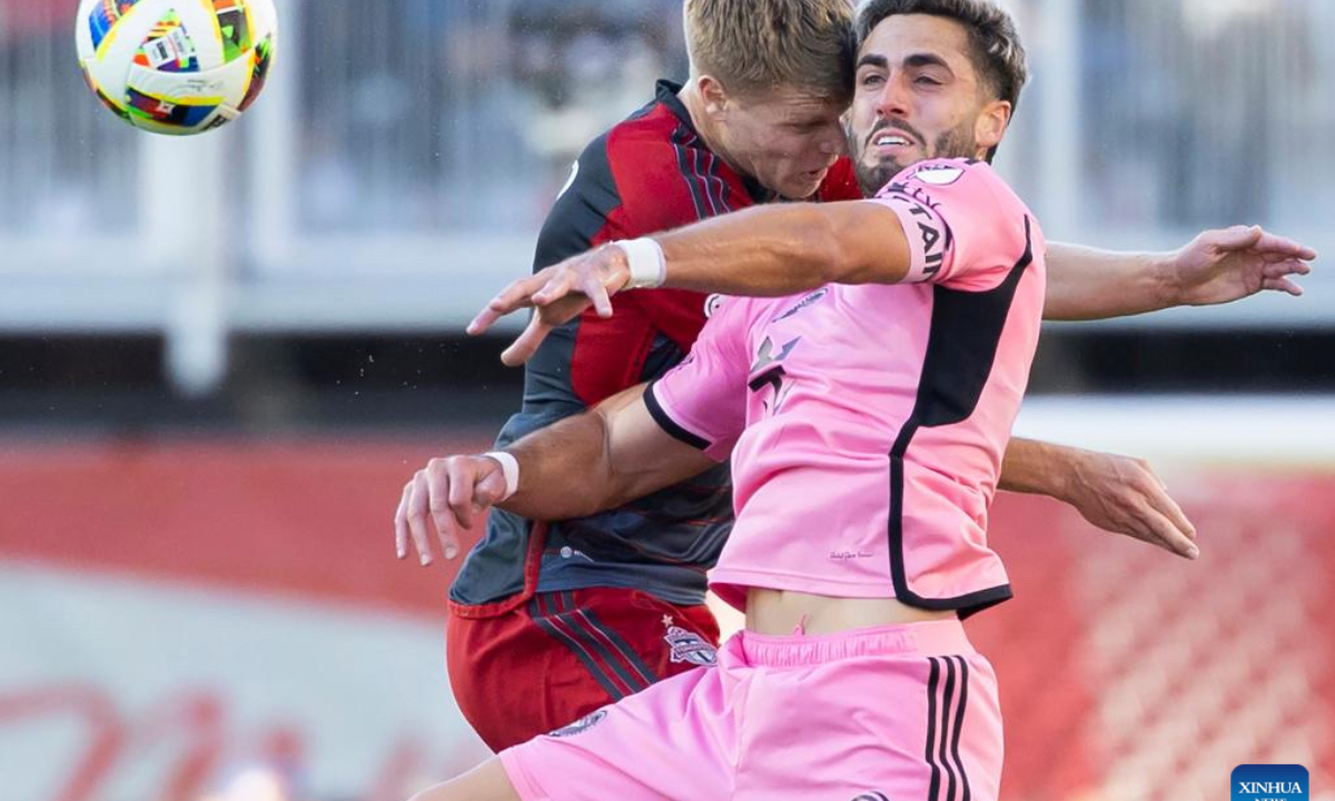 Leo Campana (R) of Inter Miami CF fights for the header with Sigurd Rosted of Toronto FC during the 2024 Major League Soccer(MLS) match between Toronto FC and Inter Miami CF at BMO Field in Toronto, Canada, on Oct. 5, 2024. (Photo: Xinhua)