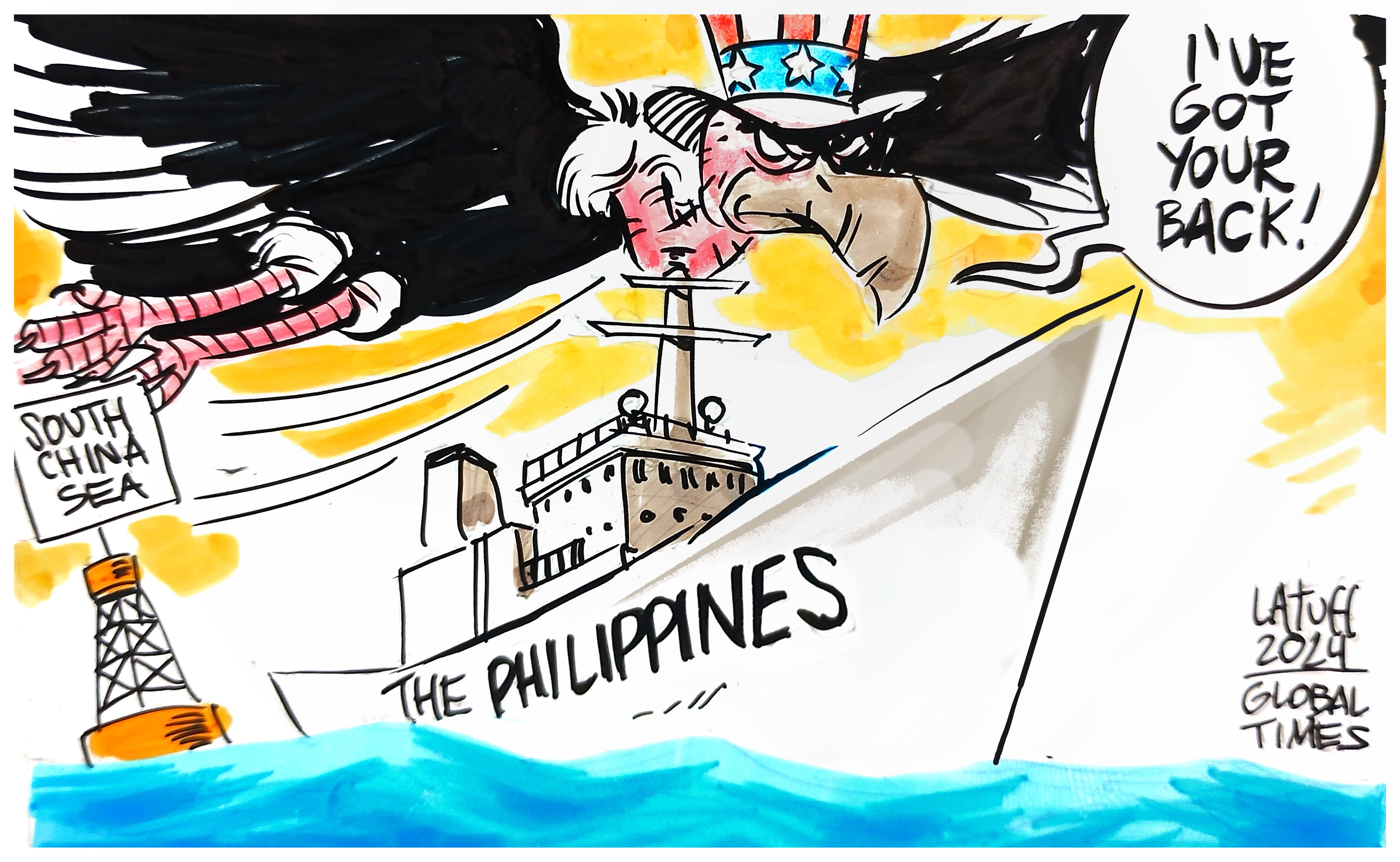 The US condones the Philippines' provocations in the South China Sea. Cartoon: Carlos Latuff