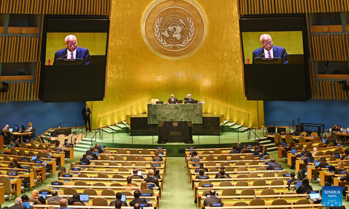 UNGA President Philemon Yang (C and on the screens) delivers concluding remarks during the General Debate of the 79th session of the United Nations General Assembly (UNGA) at the UN headquarters in New York, on Sept. 30, 2024. The General Debate of the 79th session of the United Nations General Assembly (UNGA) concluded on Monday, with UNGA President Philemon Yang calling on Israel, Hamas and Hezbollah to urgently conclude a ceasefire. Photo:Xinhua