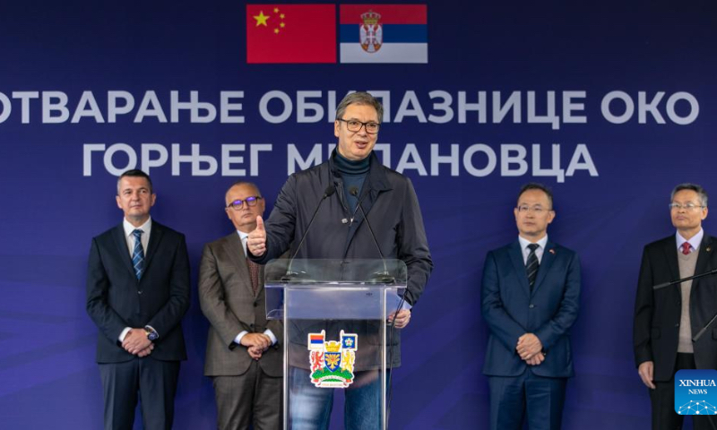 Serbian President Aleksandar Vucic inaugurates a new bypass road in Gornji Milanovac, Serbia, Oct. 4, 2024. Serbian President Aleksandar Vucic on Friday inaugurated a new bypass road around the municipality of Gornji Milanovac, constructed by a Chinese company as part of Serbia's broader infrastructure development initiatives. (Photo by Wang Wei/Xinhua)