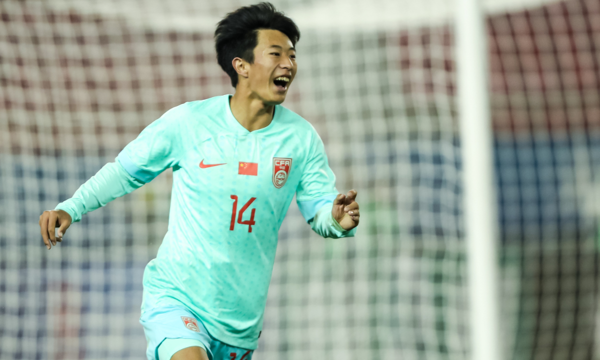 China's Yao Junyu celebrates after scoring during Sunday's match against South Korea in Dalian, Northeast China''s Liaoning Province. Photo: VCG