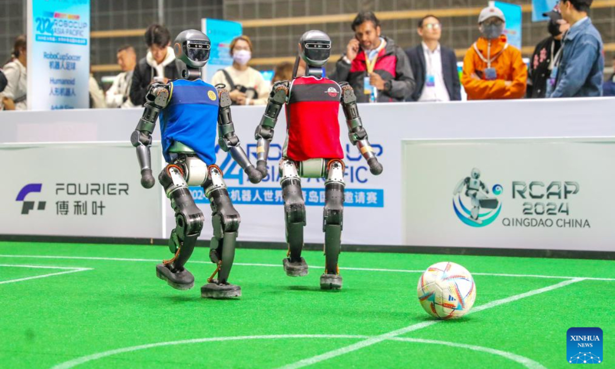 Robot soccer players compete during the RoboCup Asia-Pacific 2024 in Qingdao, east China's Shandong Province, Oct. 26, 2024. More than 200 teams from over 20 countries and regions participated in this competition. (Photo: Xinhua)