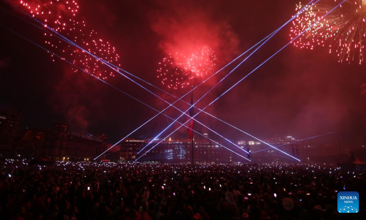 An aerial drone photo shows fireworks released to celebrate Mexico's Independence Day, in Mexico City, Mexico, Sep 15, 2024. Mexico marks its annual Independence Day on Sep 16. Photo:Xinhua