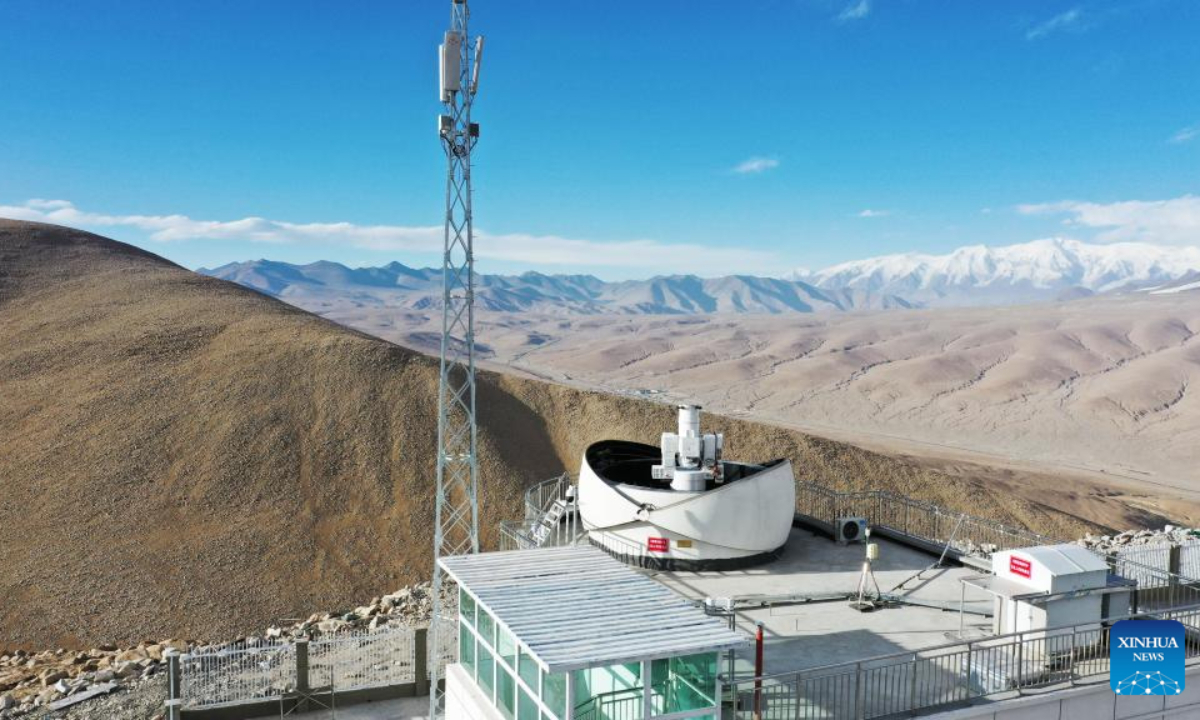 An aerial drone photo taken on Sep 10, 2024 shows a laser communication ground system with a 500mm-caliber antenna on the Pamir Plateau in northwest China's Xinjiang Uygur Autonomous Region. Photo:Xinhua