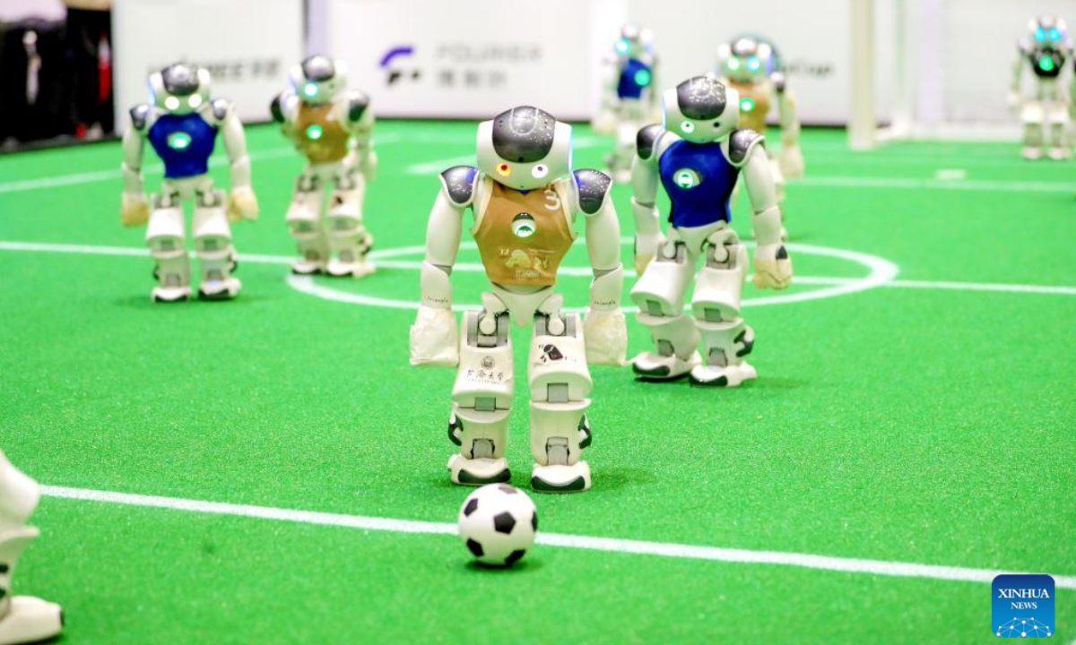 Robot soccer players compete during the RoboCup Asia-Pacific 2024 in Qingdao, east China's Shandong Province, Oct. 26, 2024. More than 200 teams from over 20 countries and regions participated in this competition. (Photo: Xinhua)