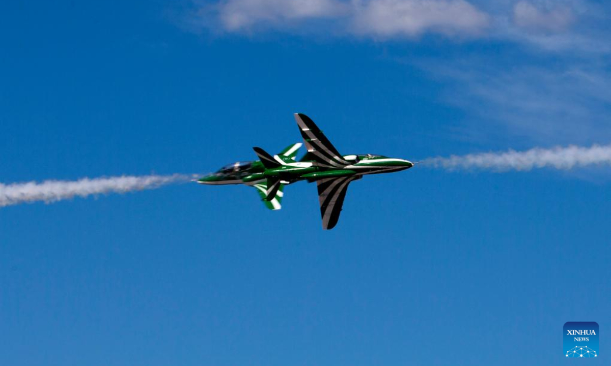 Aircraft from Saudi Arabia perform during an air show at the Tanagra Air Base, some 70 kilometers north of Athens, Greece, Sep 15, 2024. The 12th edition of Athens Flying Week kicked off here on Sunday. Photo:Xinhua