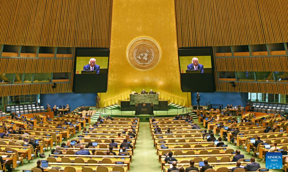 UNGA President Philemon Yang (C and on the screens) is seen during the General Debate of the 79th session of the United Nations General Assembly (UNGA) at the UN headquarters in New York, on Sept. 30, 2024. The General Debate of the 79th session of the United Nations General Assembly (UNGA) concluded on Monday, with UNGA President Philemon Yang calling on Israel, Hamas and Hezbollah to urgently conclude a ceasefire. Photo:Xinhua