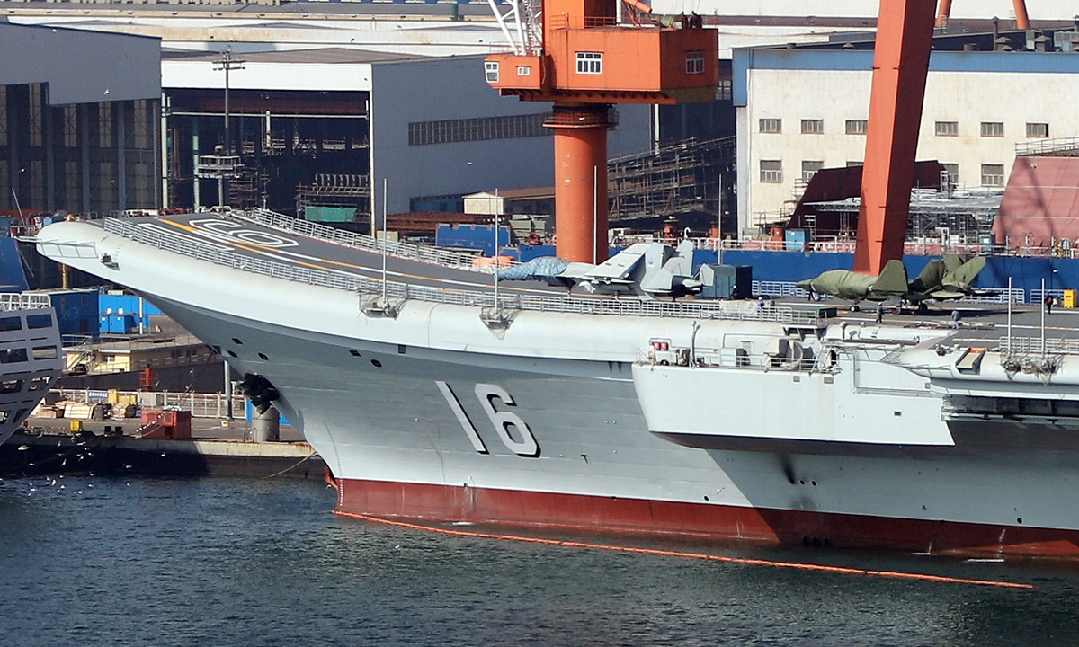 Covered in waterproof cloth, full-scale models of a stealth fighter jet reportedly called the J-35 (right) and a J-15 fighter jet are spotted on the flight deck of the aircraft carrier Liaoning in Dalian Shipyard, Northeast China's Liaoning Province, in mid-February, 2024. Photo: VCG 