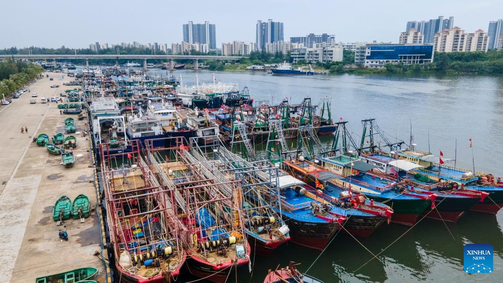 An aerial drone photo taken on Sept. 5, 2024 shows fishing ships docking at Tanmen port in Qionghai, south China's Hainan Province. The State Flood Control and Drought Relief Headquarters raised its emergency response for flood and typhoon prevention from level III to level II in Guangdong and Hainan provinces at 3 p.m. Thursday, as typhoon Yagi approaches. (Photo: Xinhua)