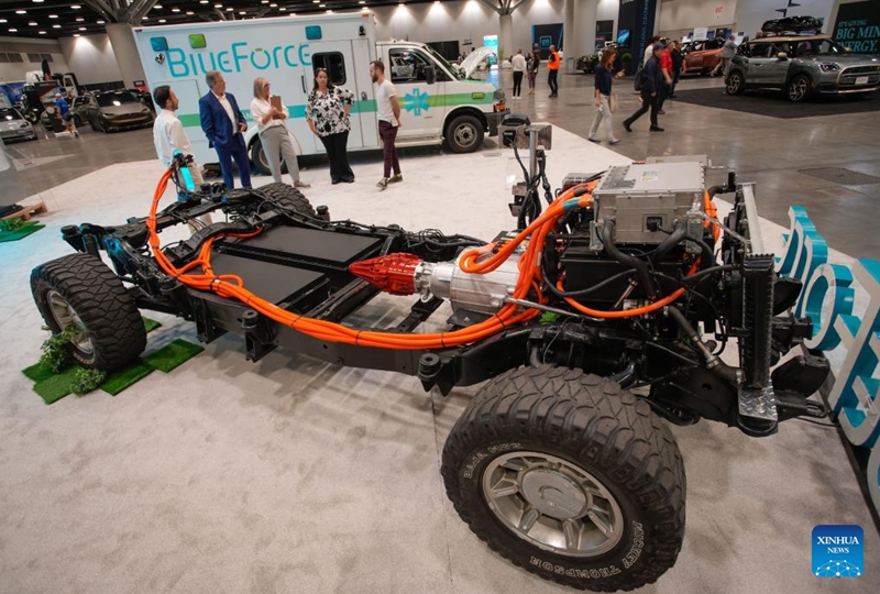 A chassis of an electric light-duty pickup is on display during the Everything Electric Canada Show in Vancouver, British Columbia, Canada, Sept. 6, 2024. The three-day event kicked off here on Friday, showcasing the latest innovations in electric vehicles (EVs), renewable energy technologies and sustainability solutions. Photo: Xinhua