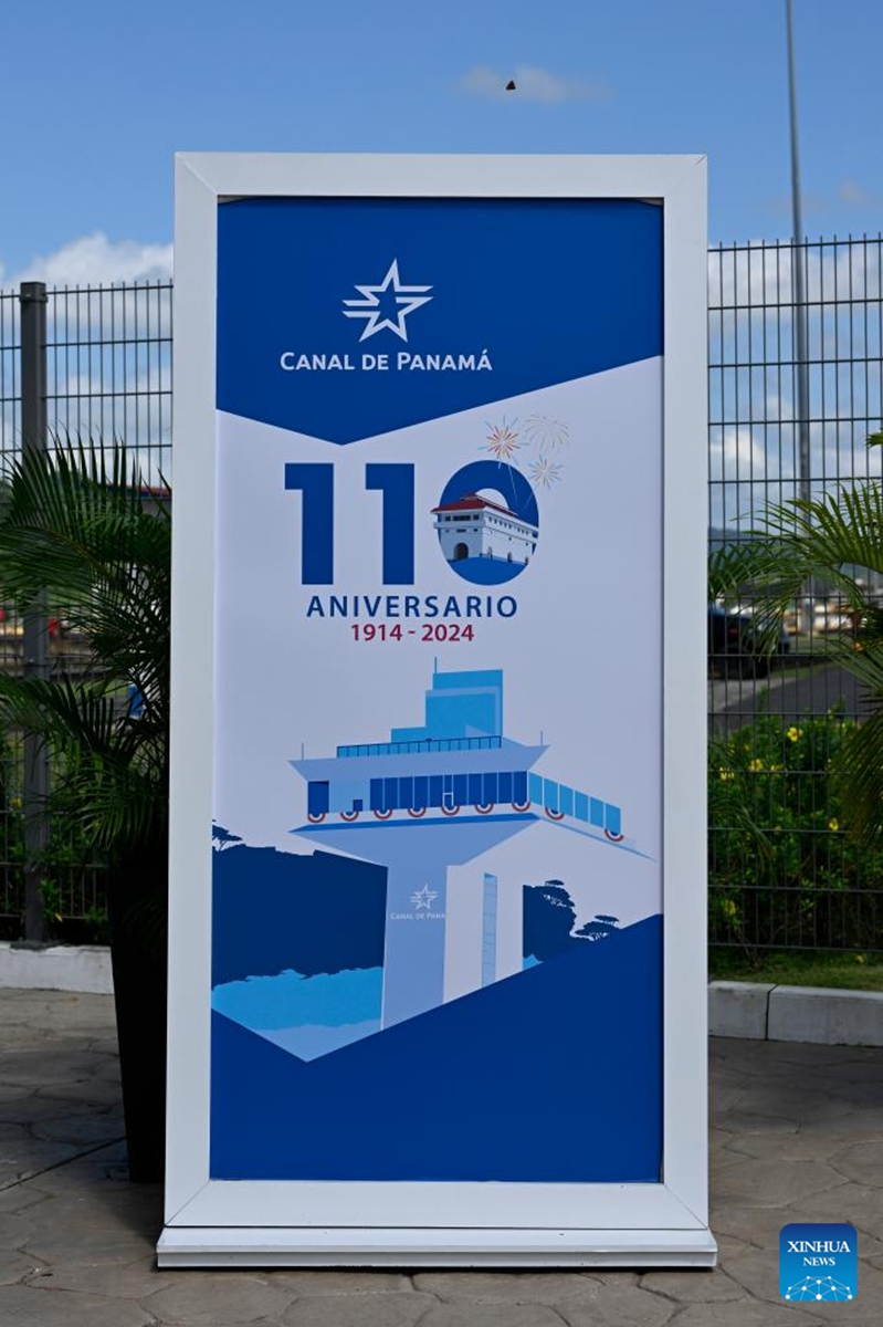 A poster marking the 110th anniversary of the Panama Canal is pictured near Panama City, Panama, Aug. 28, 2024. The Panama Canal, connecting the Pacific and Atlantic Oceans, spans over 80 kilometers and is one of the world's most important trade waterways. The Panama Canal officially opened on Aug. 15, 1914. This year marks the 110th anniversary of its inauguration. Photo: Xinhua