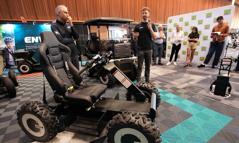 An ENVO Utility Personal Transporter (UPT) is on display during the Everything Electric Canada Show in Vancouver, British Columbia, Canada, Sept. 6, 2024. The three-day event kicked off here on Friday, showcasing the latest innovations in electric vehicles (EVs), renewable energy technologies and sustainability solutions. Photo: Xinhua