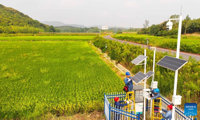 A drone photo shows engineers adjusting monitors in the rice field in Shiji Town of Nanjiao District, Chuzhou, east China's Anhui Province, Sept. 7, 2024. In recent years, smart technologies have been gradually applied into agricultural management in Nanjiao District of Chuzhou. Photo: Xinhua