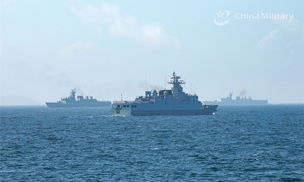 Vessels attached to a frigate flotilla with the navy under the Chinese PLA Eastern Theater Command sail in formation during a maritime training exercise on July 21, 2024. (eng.chinamil.com.cn/Photo by Ren Wei)