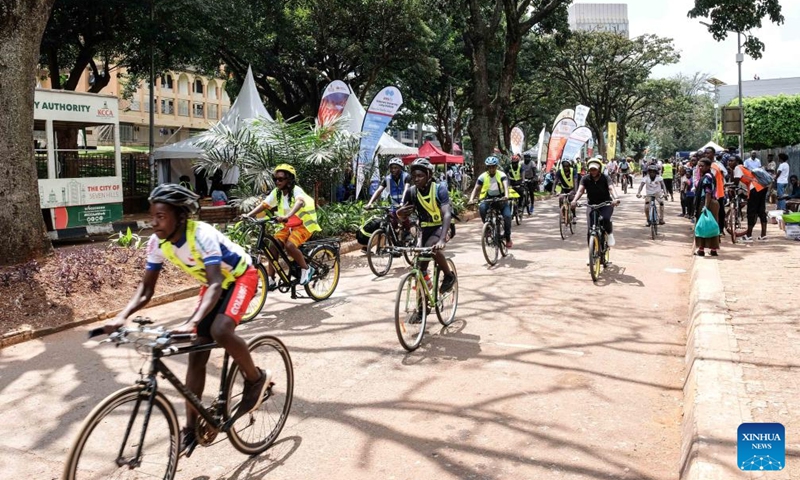 Cyclists ride in the street during a car-free day event in Kampala, capital of Uganda, Sept. 7, 2024. A car-free day event was held here Saturday to underscore the need for sustainable urban environments. Photo: Xinhua