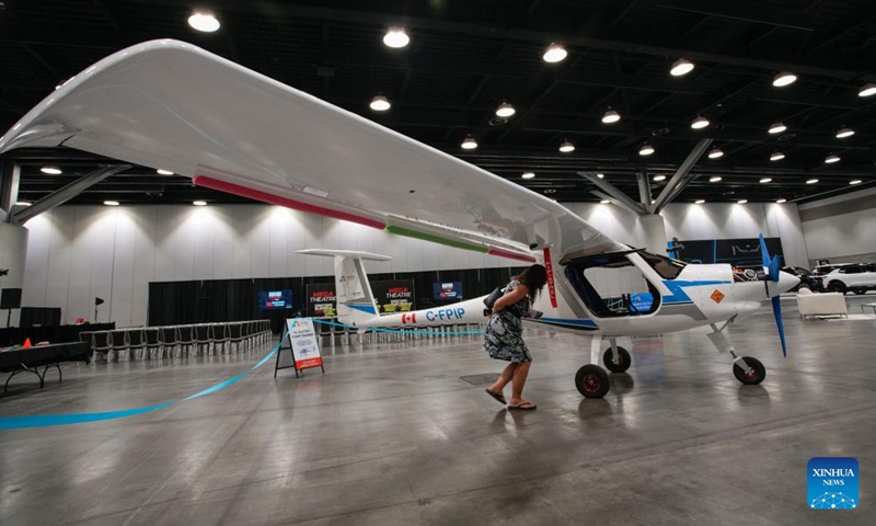 A Pipistrel Velis Electro aircraft is on display during the Everything Electric Canada Show in Vancouver, British Columbia, Canada, Sept. 6, 2024. The three-day event kicked off here on Friday, showcasing the latest innovations in electric vehicles (EVs), renewable energy technologies and sustainability solutions. Photo: Xinhua