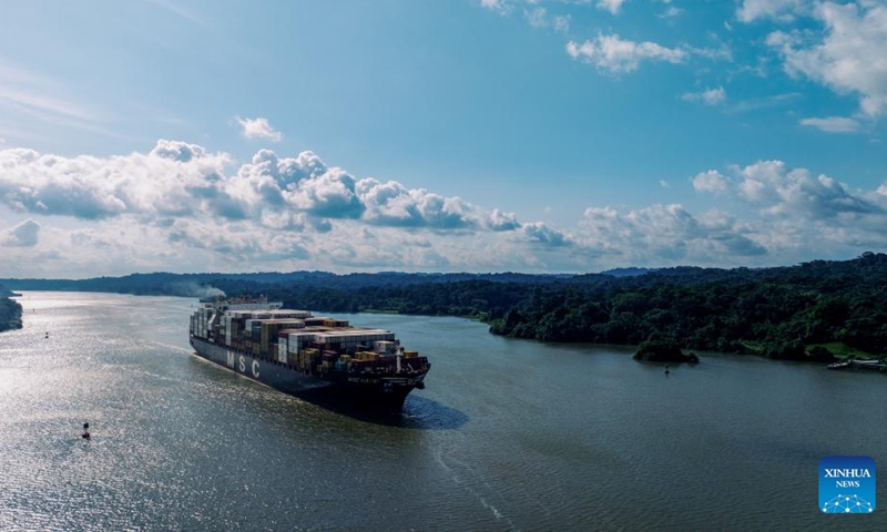 A drone photo shows a cargo vessel sailing on the Panama Canal near Panama City, Panama, Aug. 28, 2024. The Panama Canal, connecting the Pacific and Atlantic Oceans, spans over 80 kilometers and is one of the world's most important trade waterways. The Panama Canal officially opened on Aug. 15, 1914. This year marks the 110th anniversary of its inauguration. Photo: Xinhua