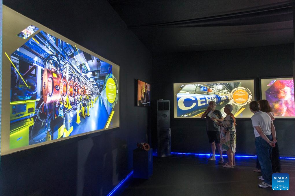 Screens showing images of CERN are seen at the 88th Thessaloniki International Fair, in Thessaloniki, Greece, on Sep. 8, 2024. The 88th Thessaloniki International Fair, the largest annual trade fair in Greece, is held here from Sept. 7 to 15. (Photo: Xinhua)