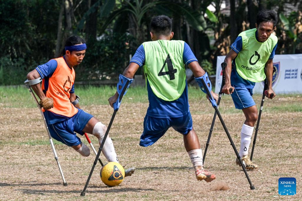 Members of Indonesia Amputee Football (INAF) compete during a training session on commemoration of the National Sports Day in Jakarta, Indonesia, Sept. 9, 2024. The National Sports Day is celebrated in Indonesia on each year's Sept. 9. (Photo: Xinhua)