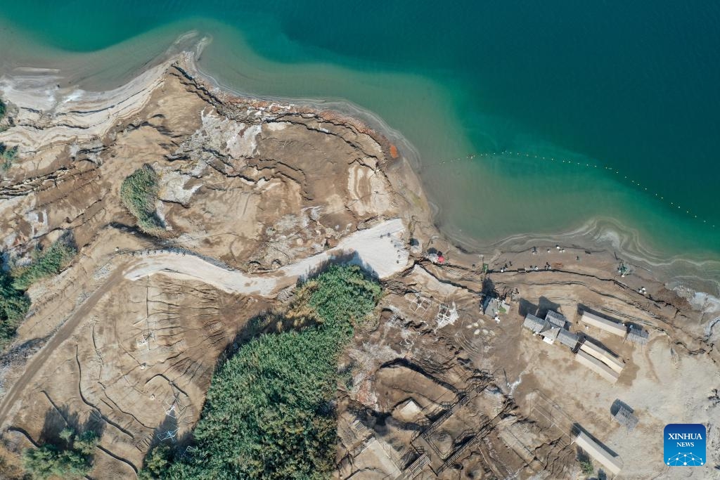 An aerial drone photo taken on Sept. 8, 2024 shows the scenery of the northern part of the Dead Sea, about 30 kilometers east of Jerusalem. (Photo: Xinhua)