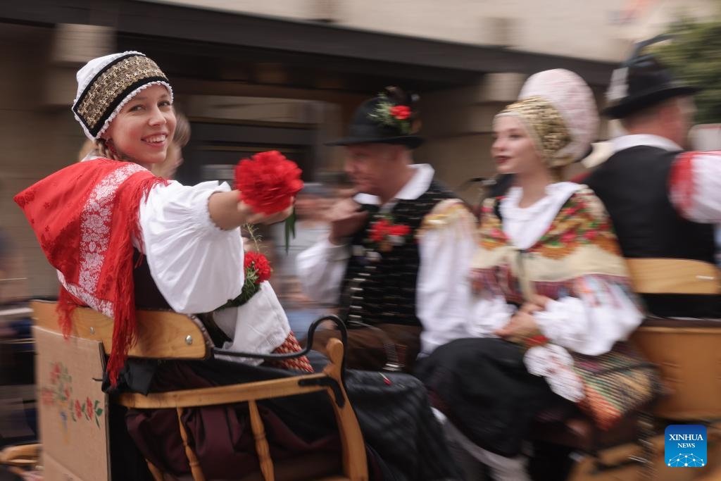 A young lady offers a flower from a passing carriage during the parade of the 51st National Costumes and Clothing Heritage Day in Kamnik, Slovenia, Sept. 8, 2024. The 51st National Costumes and Clothing Heritage Day ended Sunday in Kamnik with a traditional parade, during which about 2,000 participants dressed in national costumes walking through the center of Kamnik. (Photo: Xinhua)