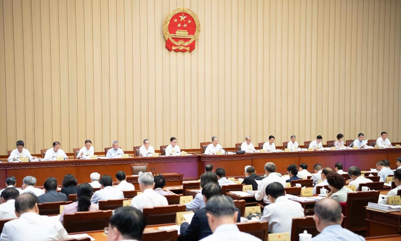 Zhao Leji, chairman of the National People's Congress (NPC) Standing Committee, presides over the first plenary meeting of the 11th session of the 14th NPC Standing Committee at the Great Hall of the People in Beijing, capital of China, Sept. 10, 2024. (Xinhua/Li Tao)