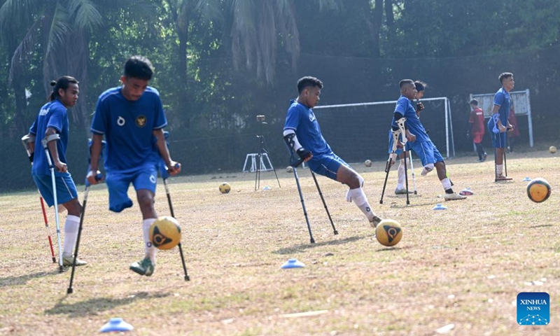 Members of Indonesia Amputee Football (INAF) attend a training session on commemoration of the National Sports Day in Jakarta, Indonesia, Sept. 9, 2024. The National Sports Day is celebrated in Indonesia on each year's Sept. 9. (Photo: Xinhua)