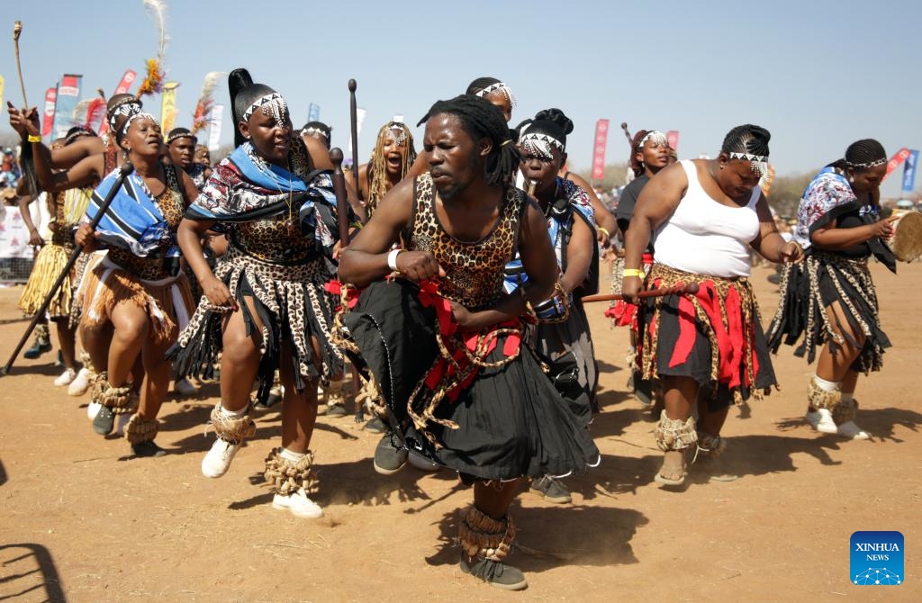 People dance during the Dithubaruba cultural festival in Molepolole village of Botswana on Sept. 7, 2024. The event was held here Saturday to promote Kweneng cultural heritage. It is one of the national events celebrated by Bakwena tribe with various cultural activities ranging from traditional dance, poetry, contemporary music and traditional foods. (Photo: Xinhua)