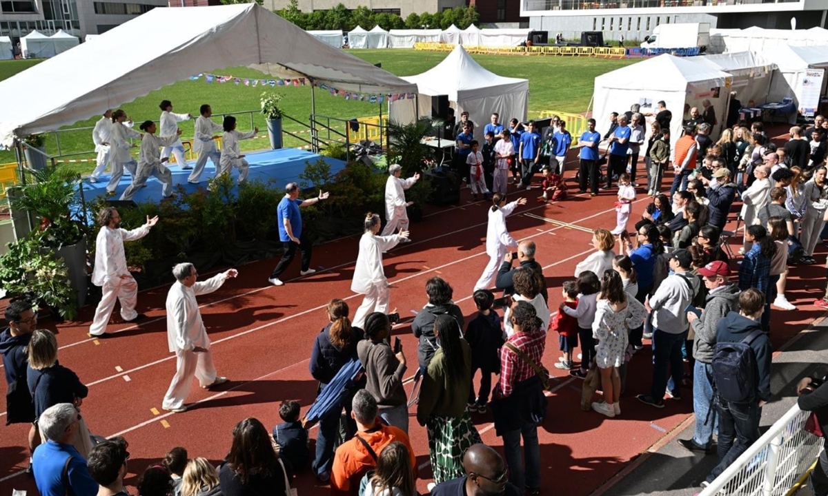 Students of Fang Xiaofen's martial arts clubs perform in Paris, France. Photo: Courtesy of Fang Xiaofen