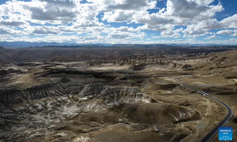 An aerial drone photo taken on Sept. 9, 2024 shows the landscape of earth forest in Zanda County of Ngari Prefecture, southwest China's Xizang Autonomous Region. Zanda is famous for the unique landscape of earth forest, which was formed by geological movement and soil erosion and listed as a national geological park in 2005. (Photo: Xinhua)