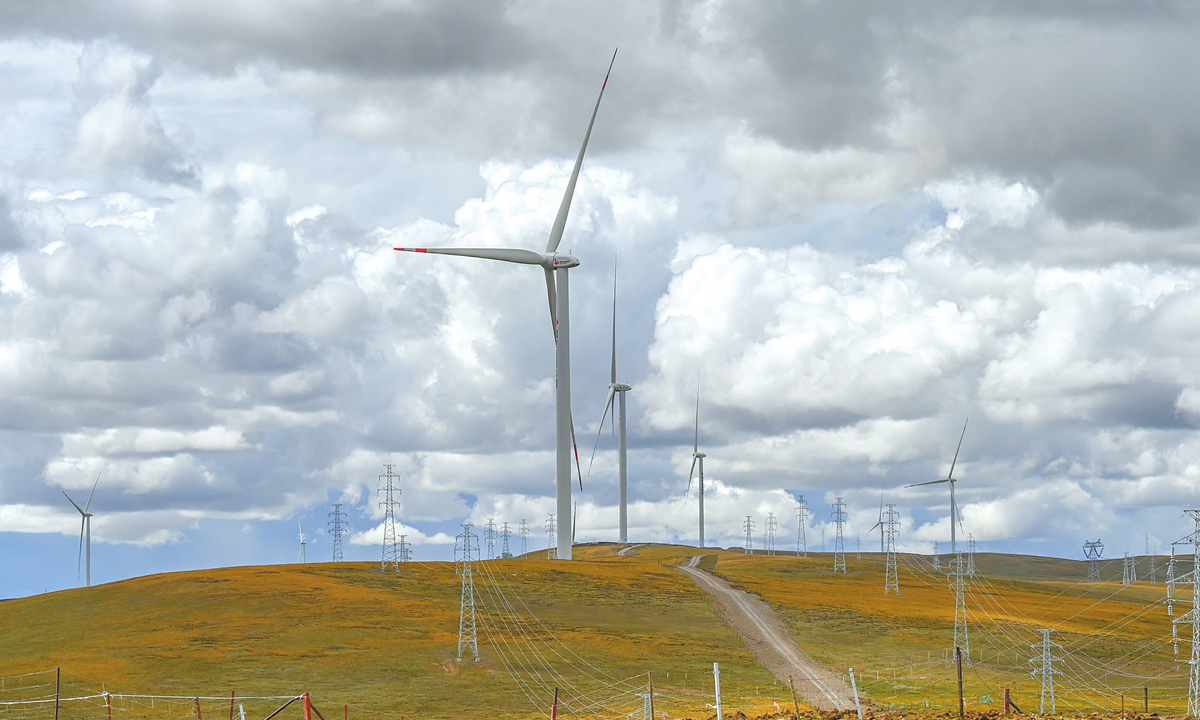 Wind turbines are installed in Nagqu,<strong></strong> Southwest China's Xizang Autonomous Region, at an altitude of more than 5,200 meters on September 12, 2024. This 100-megawatt facility is the world's highest-altitude wind power project currently under construction.  The project will be fully completed and operational by late October. It is expected to generate an additional 223 million kilowatt-hours of clean electricity annually. Photo: VCG