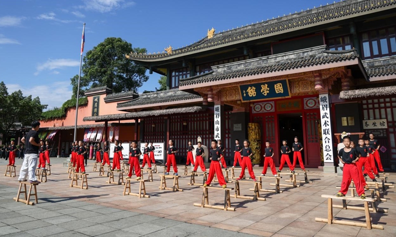 Young trainees practice martial arts moves in front of the main entrance to the Chinese Studies Hall of the Emei Kung-Fu Alliance. (People's Daily/Yi Xiao)