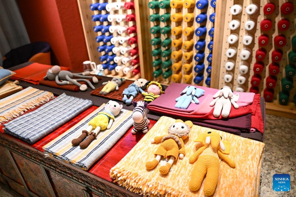 Toys, scarfs and wraps made of pulu, a kind of Tibetan woolen fabric, are pictured at a shop in Xizage, southwest China's Xizang Autonomous Region, Sept. 1, 2024. Pulu is a traditional woolen fabric and the primary material Tibetans use to make clothes. With the support of a paired-up assistance program, the pulu weaving industry in Gyangze County has been revitalized. (Photo: Xinhua)